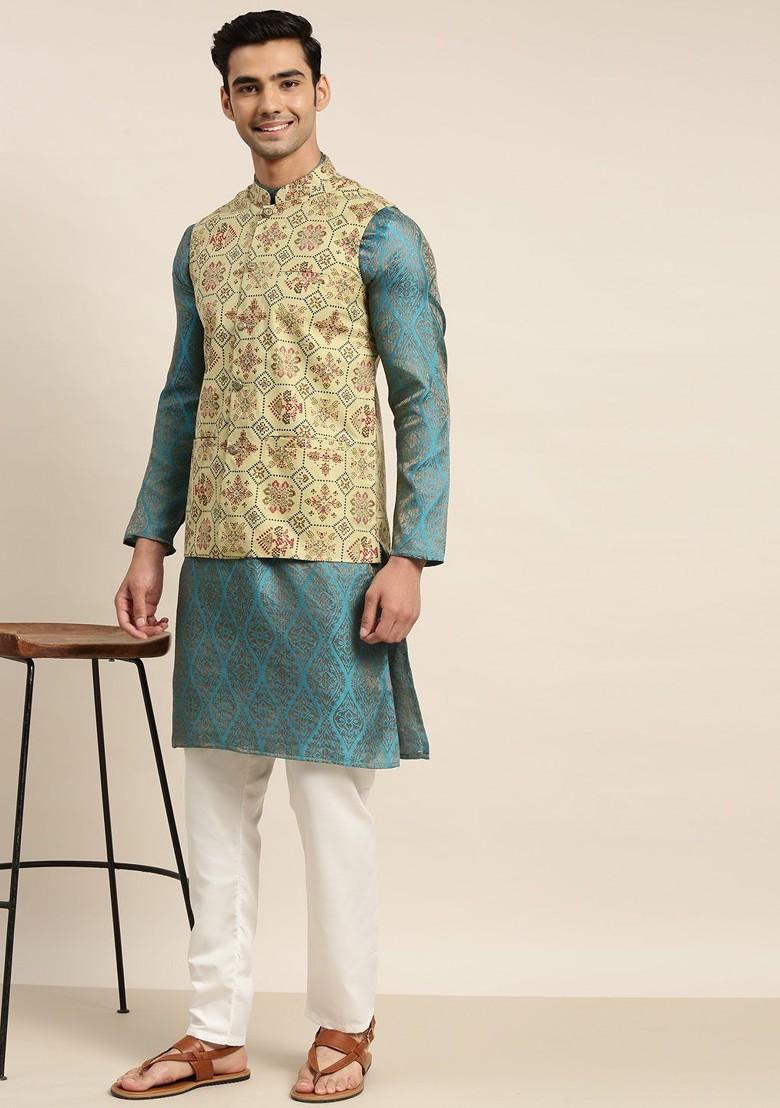 Teal Blue Ethnic Motifs Poly Blend Kurta Set For Men