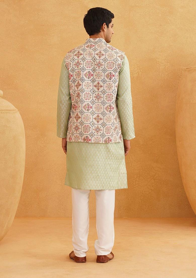 Green Ethnic Motifs Poly Blend Kurta Set For Men
