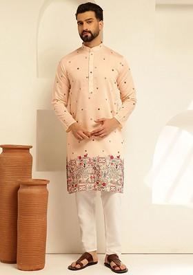 Peach Thread Work Poly Blend Kurta Set For Men