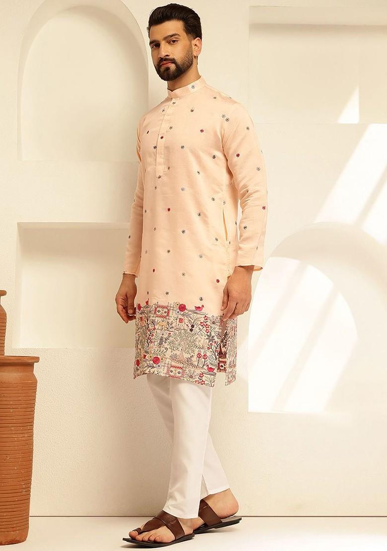 Peach Thread Work Poly Blend Kurta Set For Men