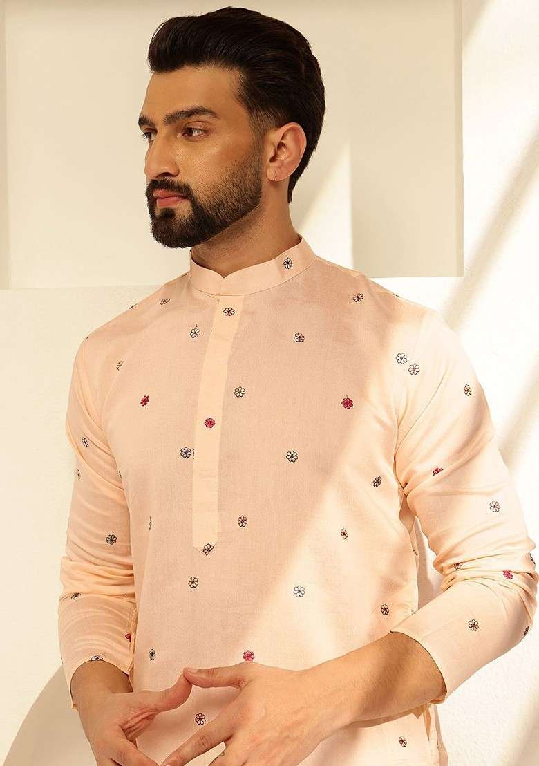 Peach Thread Work Poly Blend Kurta Set For Men - Indya