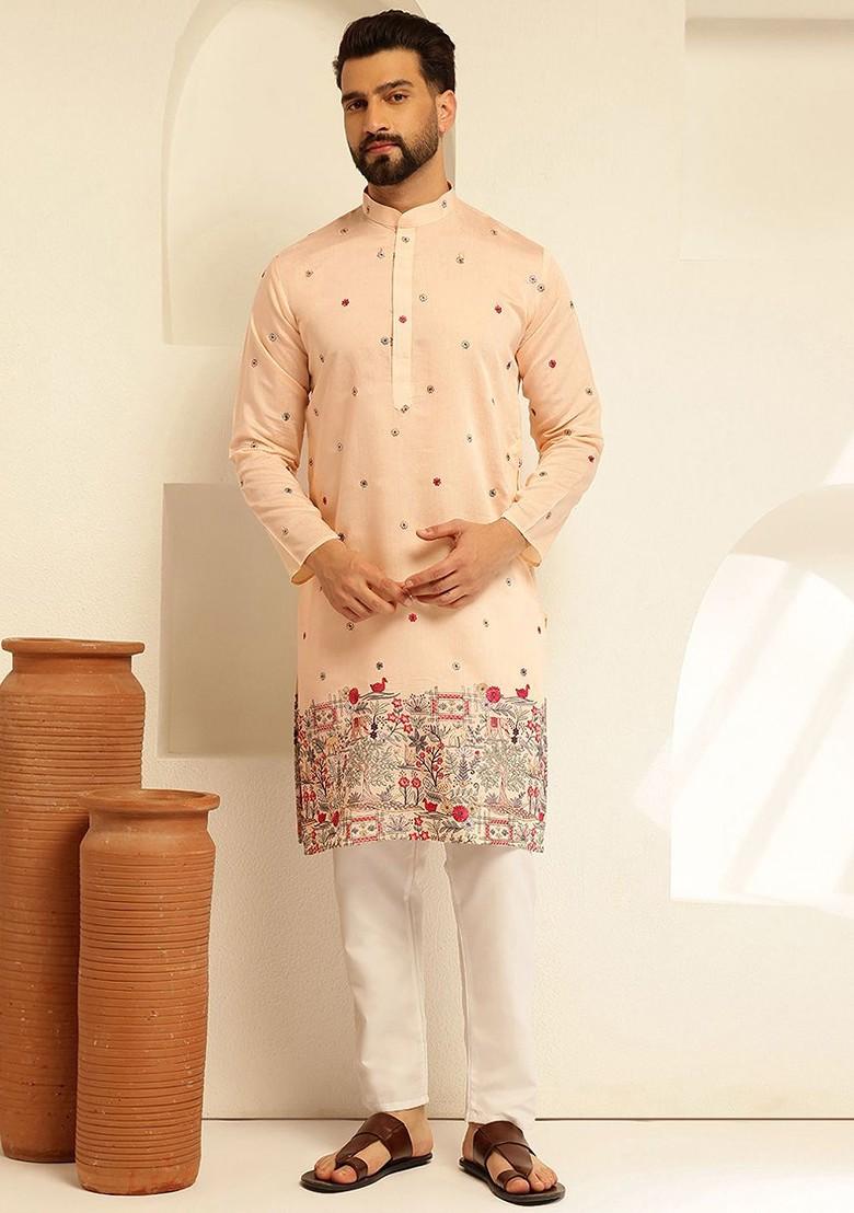 Peach Thread Work Poly Blend Kurta Set For Men