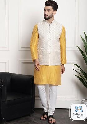 Mustard Striped Poly Blend Kurta Set For Men