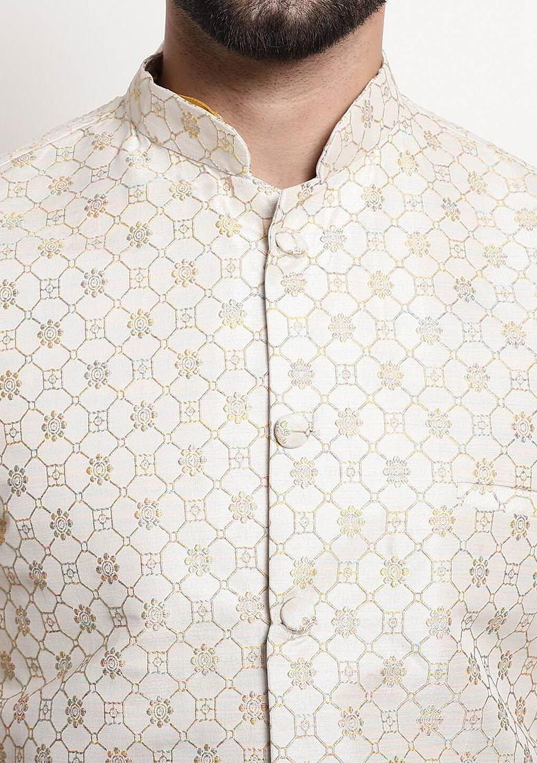 Mustard Striped Poly Blend Kurta Set For Men