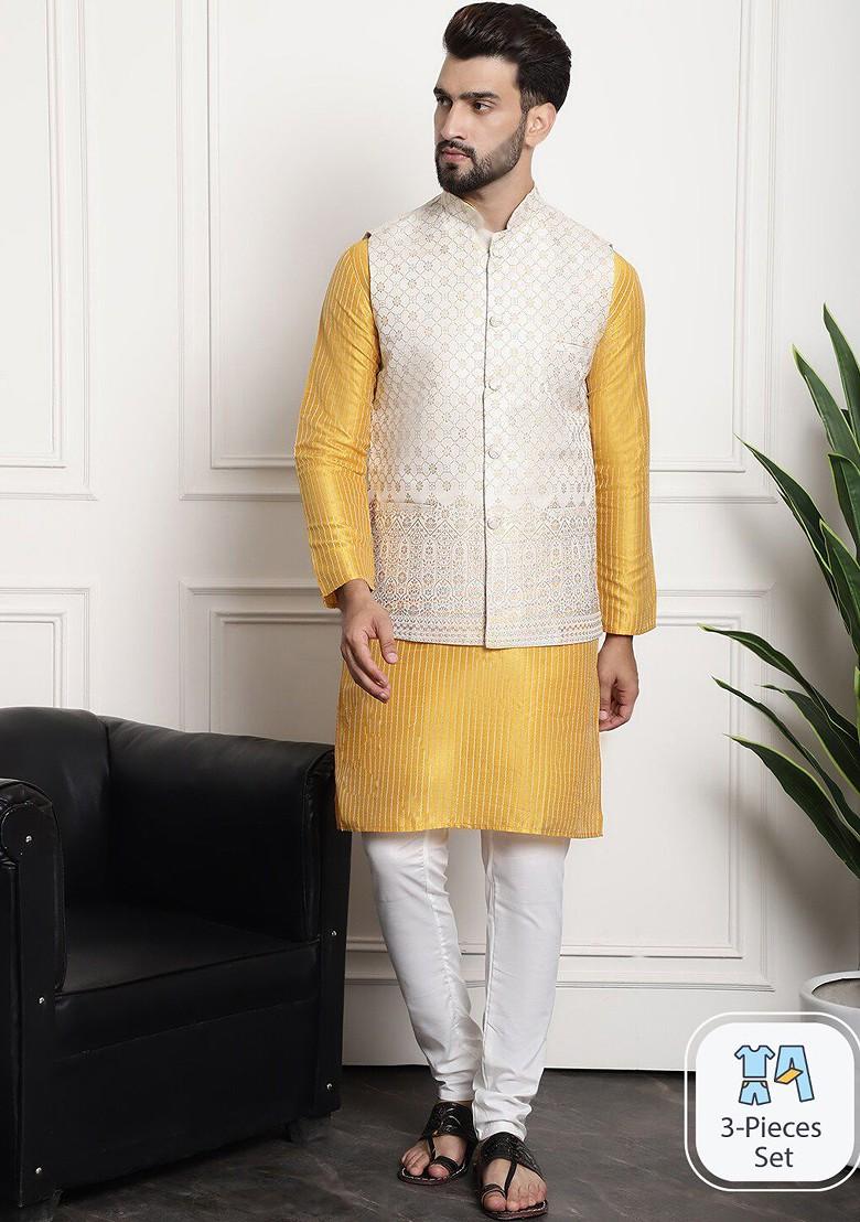 Mustard Striped Poly Blend Kurta Set For Men