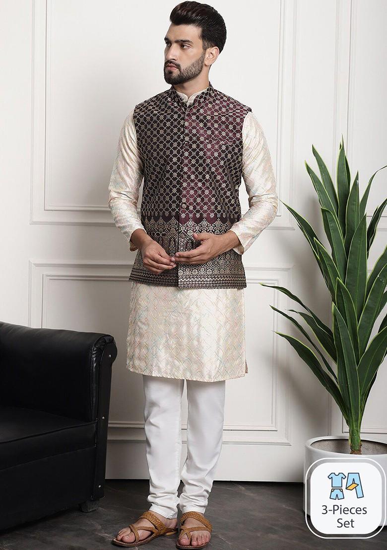 Cream Embroidered Poly Blend Kurta Set For Men