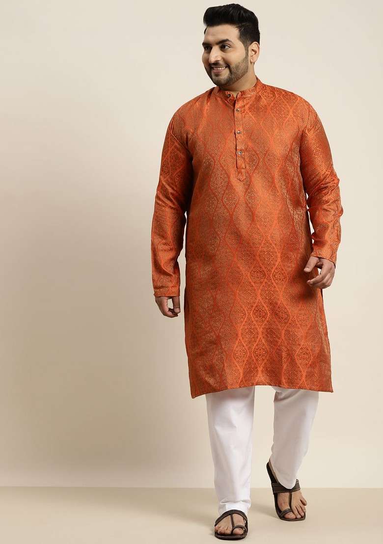 Orange Solid Jacquard Kurta Set For Men - Indya
