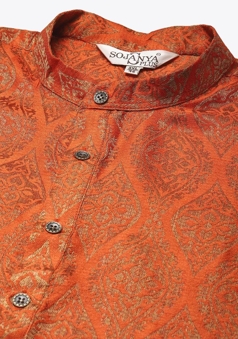 Orange Solid Jacquard Kurta Set For Men