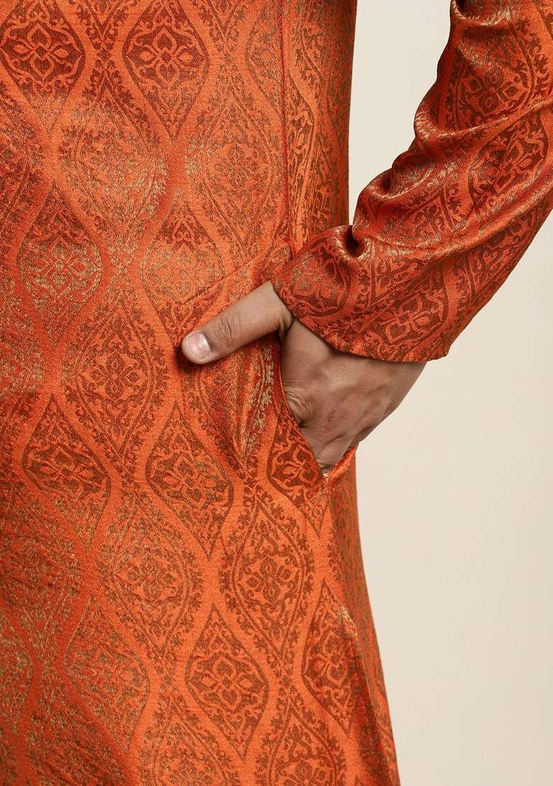 Orange Solid Jacquard Kurta Set For Men - Indya