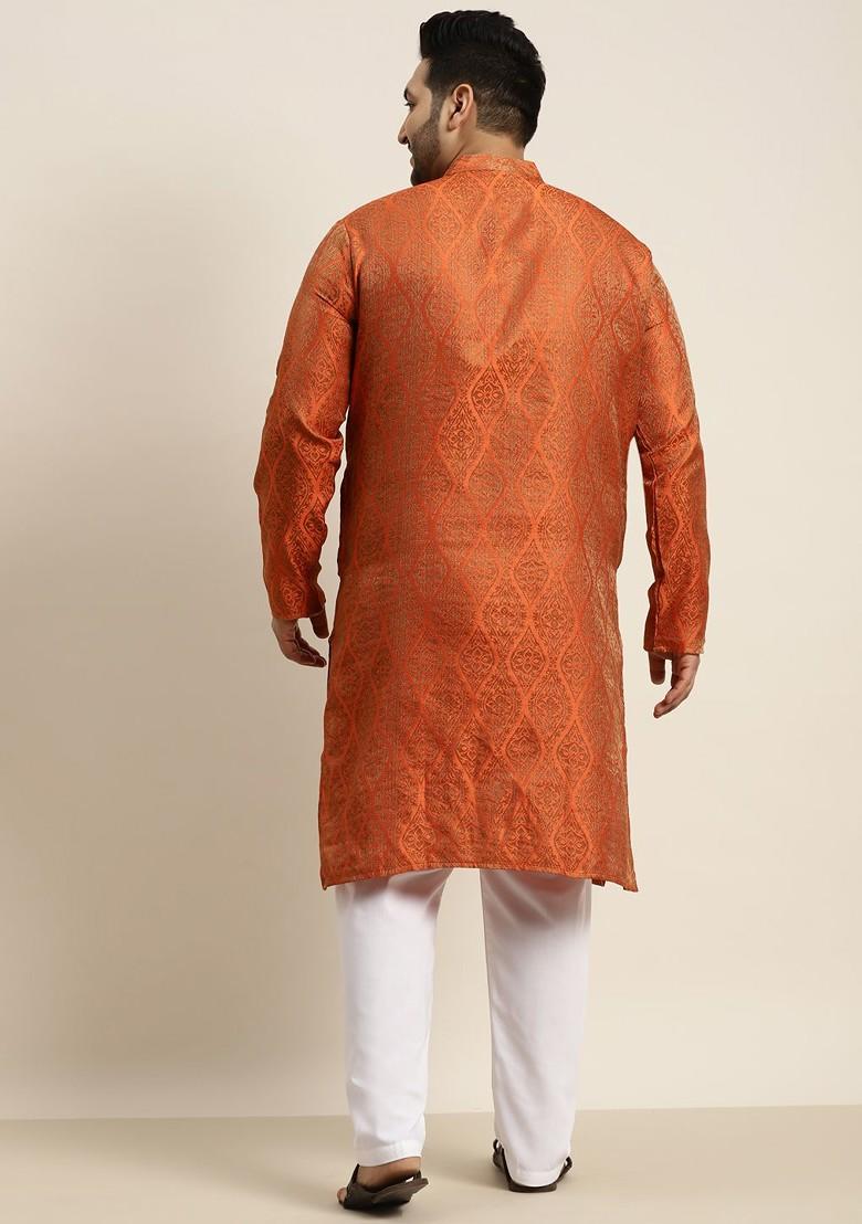 Orange Solid Jacquard Kurta Set For Men