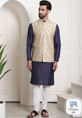 Navy Blue Ethnic Motifs Poly Blend Kurta Set For Men