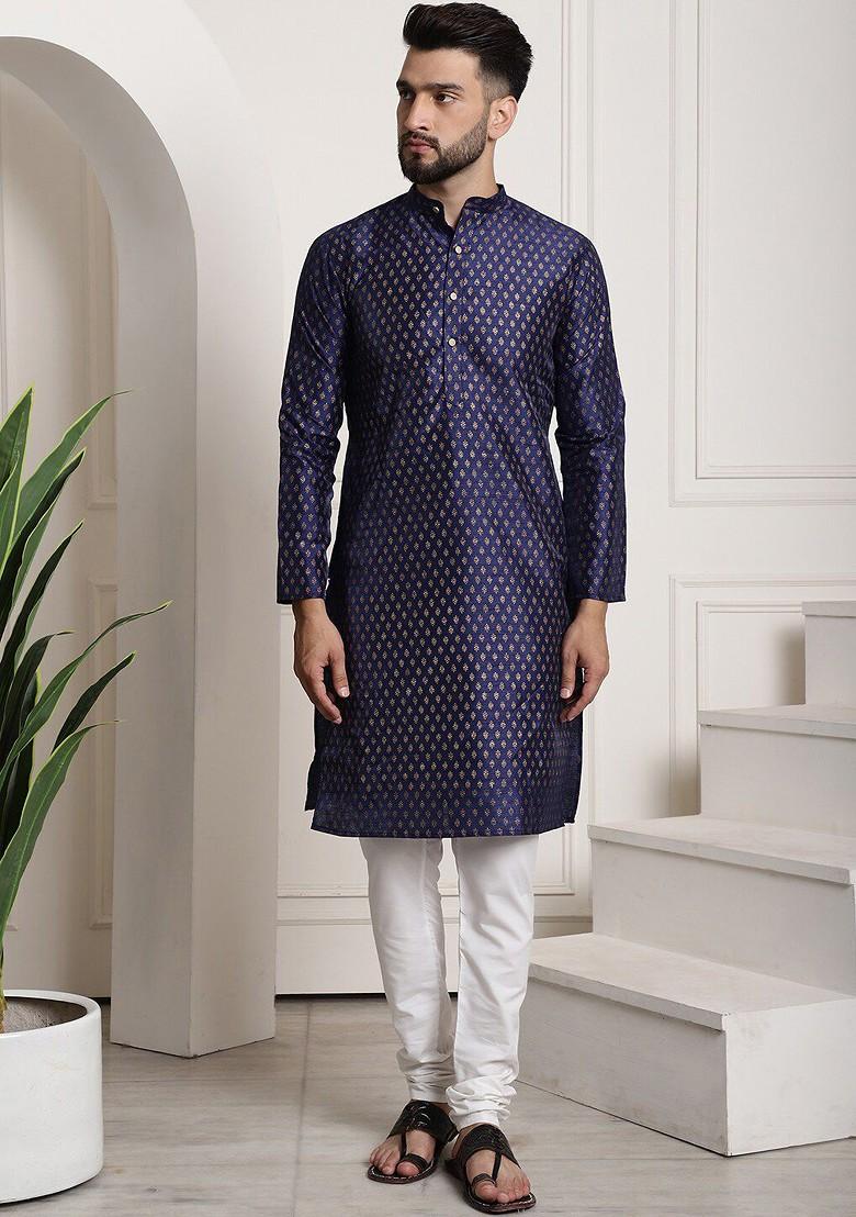 Navy Blue Ethnic Motifs Poly Blend Kurta Set For Men
