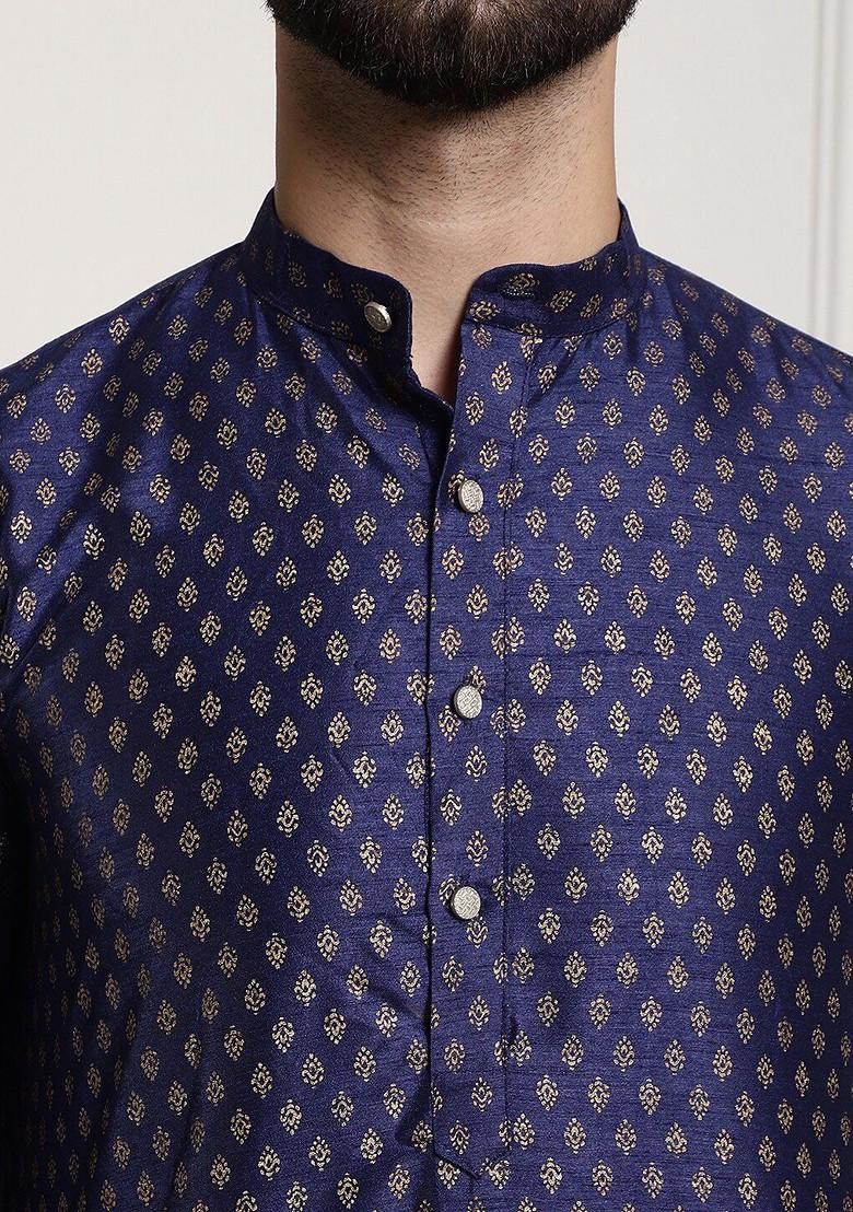 Navy Blue Ethnic Motifs Poly Blend Kurta Set For Men
