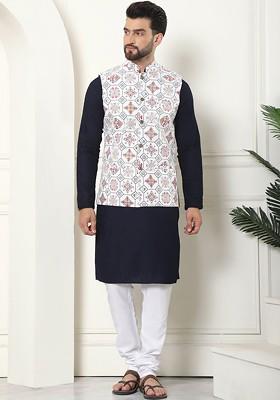 Navy Blue Checked Cotton Kurta Set For Men