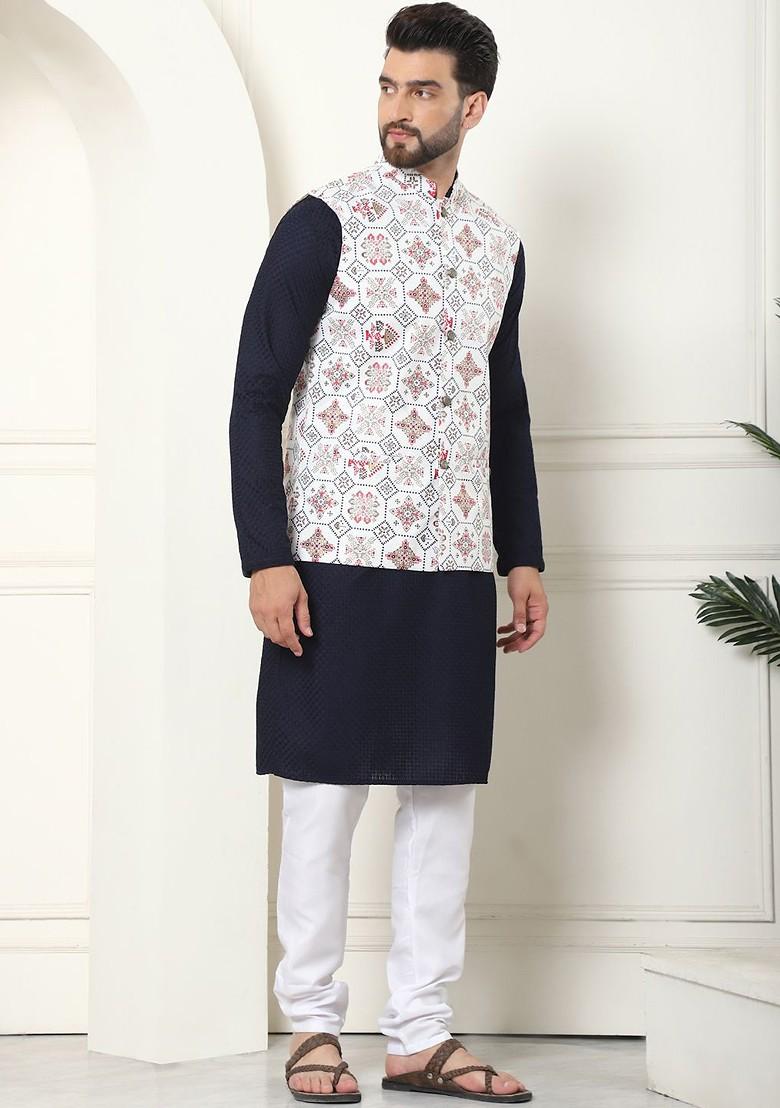 Navy Blue Checked Cotton Kurta Set For Men