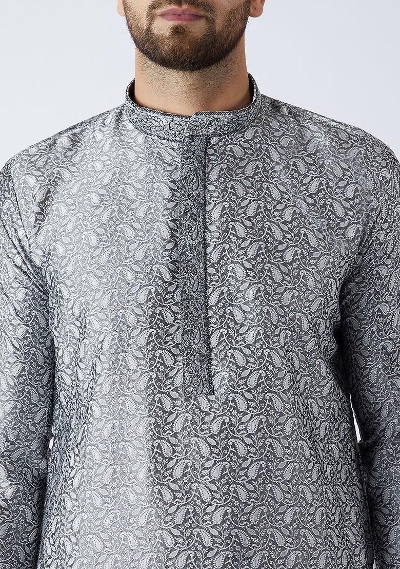 Grey Solid Poly Blend Kurta Set For Men