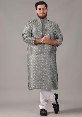 Grey Ethnic Motifs Poly Blend Kurta Set For Men