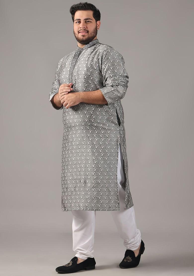 Grey Ethnic Motifs Poly Blend Kurta Set For Men