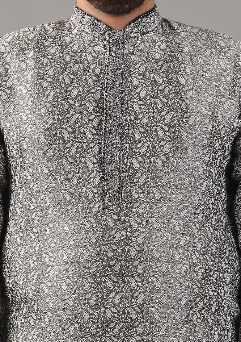 Grey Ethnic Motifs Poly Blend Kurta Set For Men