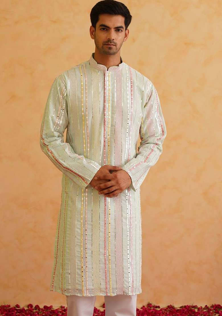 Sea Green Striped Poly Blend Kurta Set For Men - Indya