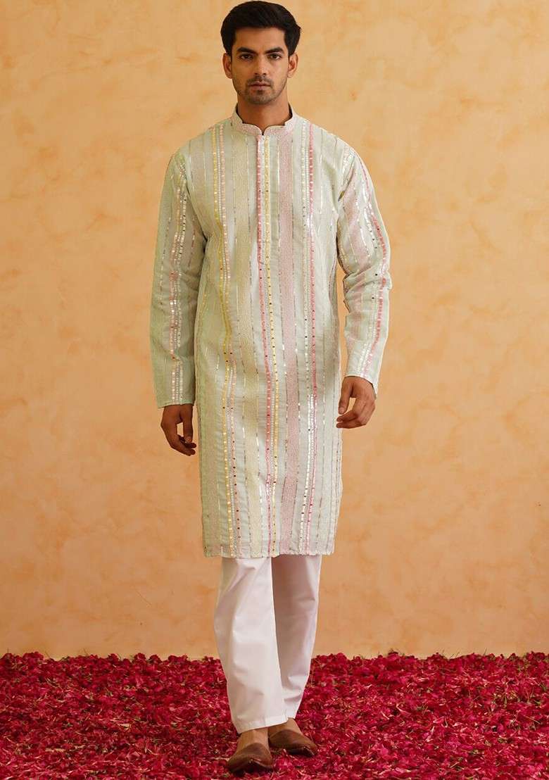 Sea Green Striped Poly Blend Kurta Set For Men - Indya