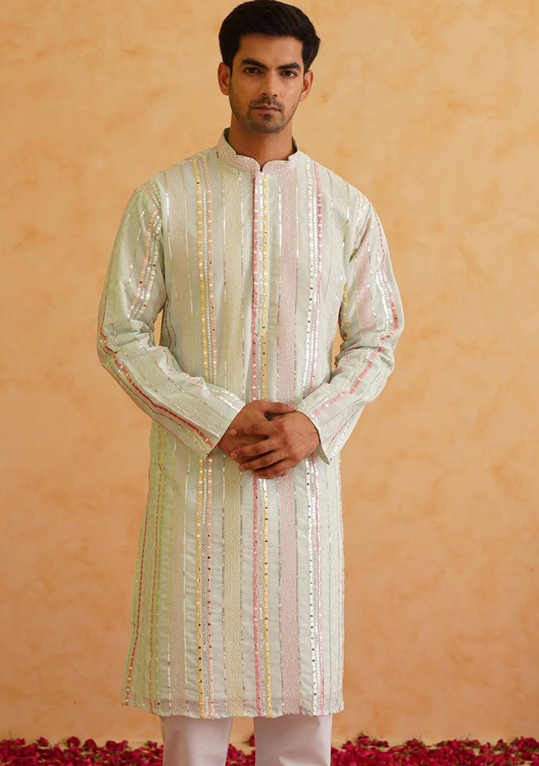 Sea Green Striped Poly Blend Kurta Set For Men