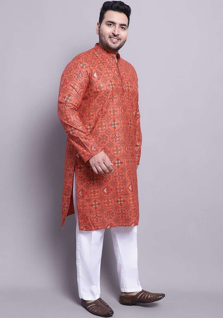 Orange Ethnic Motifs Poly Blend Kurta Set For Men - Indya
