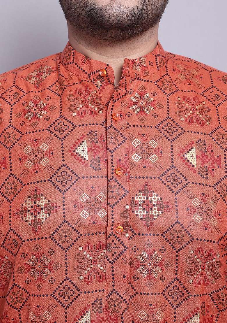 Orange Ethnic Motifs Poly Blend Kurta Set For Men - Indya