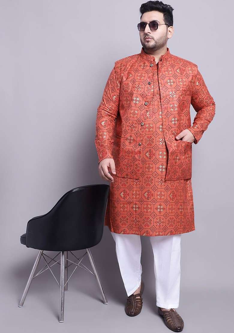 Orange Ethnic Motifs Poly Blend Kurta Set For Men - Indya