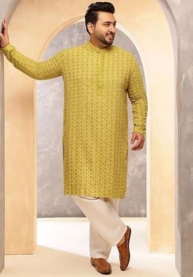 Green Thread Work Cotton Kurta Set For Men