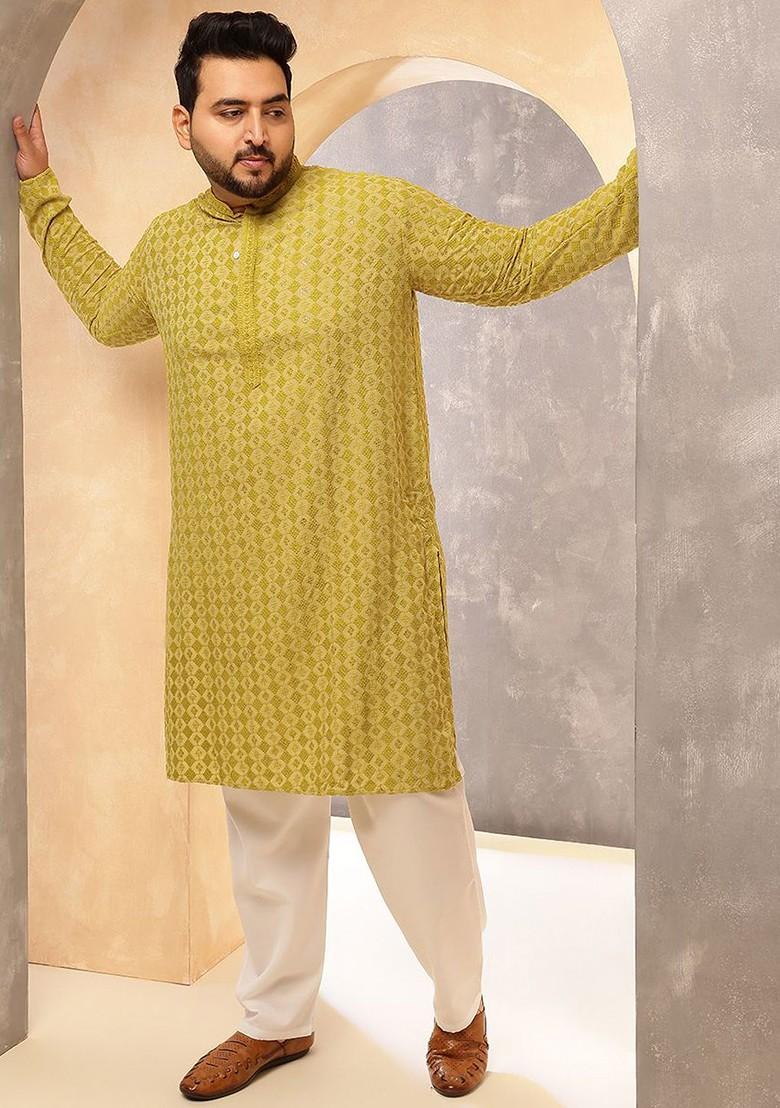 Green Thread Work Cotton Kurta Set For Men