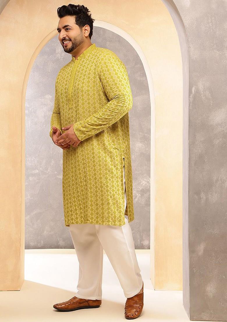 Green Thread Work Cotton Kurta Set For Men