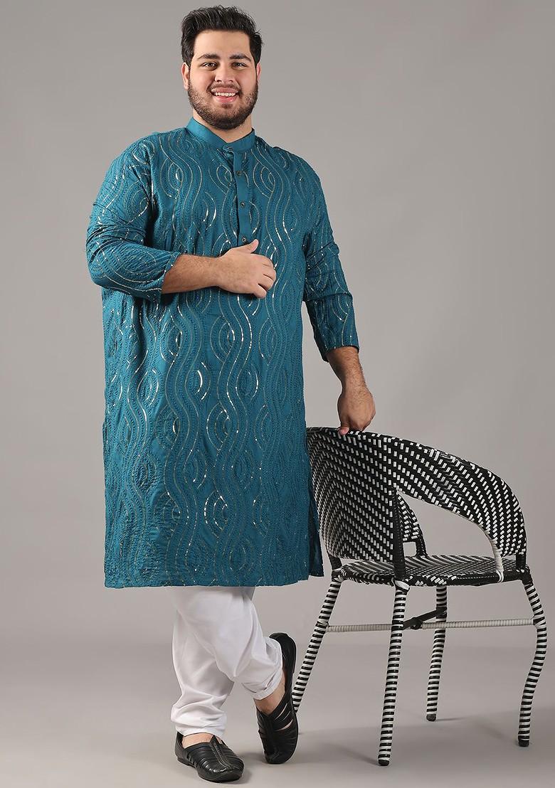 Teal Blue Embroidered Cotton Kurta Set For Men