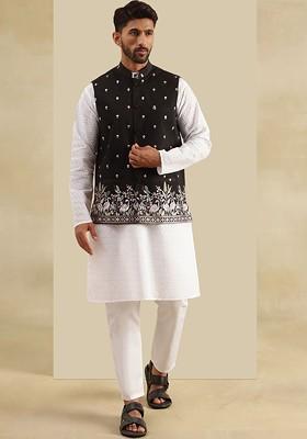 White Embroidered Cotton Kurta Set For Men
