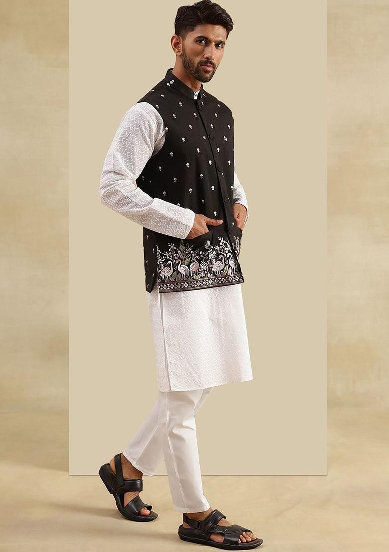 White Embroidered Cotton Kurta Set For Men