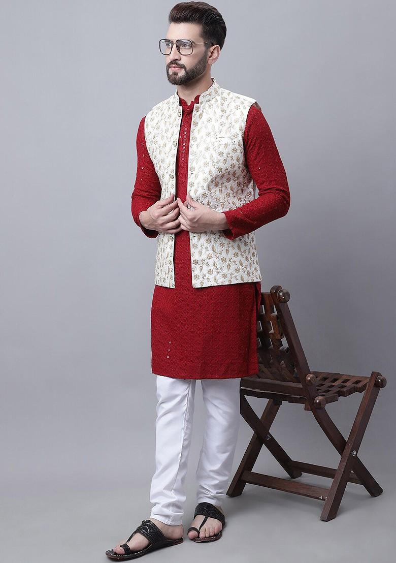 Maroon Embroidered Cotton Kurta Set For Men
