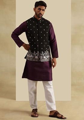 Violet Embroidered Poly Blend Kurta Set For Men
