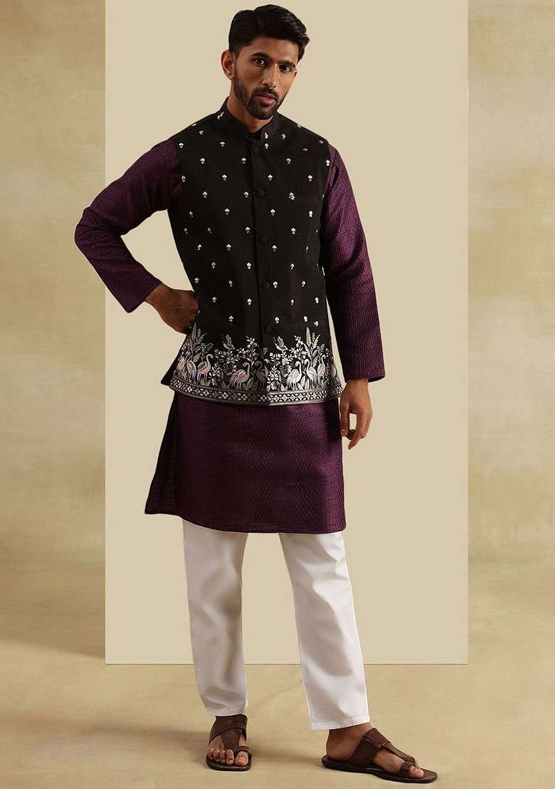 Violet Embroidered Poly Blend Kurta Set For Men - Indya