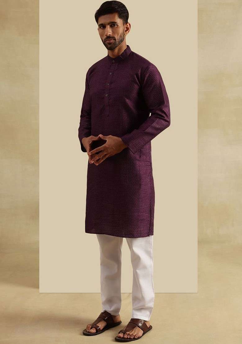 Violet Embroidered Poly Blend Kurta Set For Men - Indya