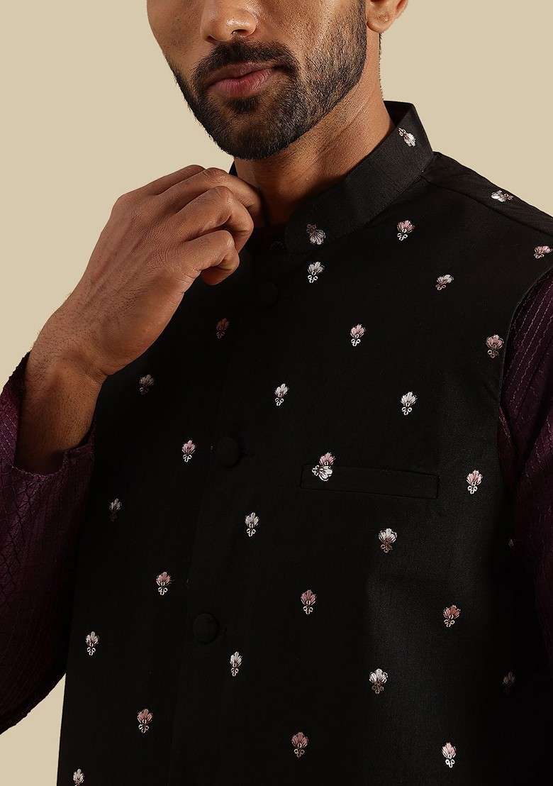 Violet Embroidered Poly Blend Kurta Set For Men - Indya