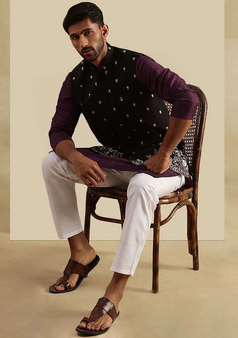 Violet Embroidered Poly Blend Kurta Set For Men - Indya