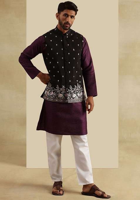 Violet Embroidered Poly Blend Kurta Set For Men