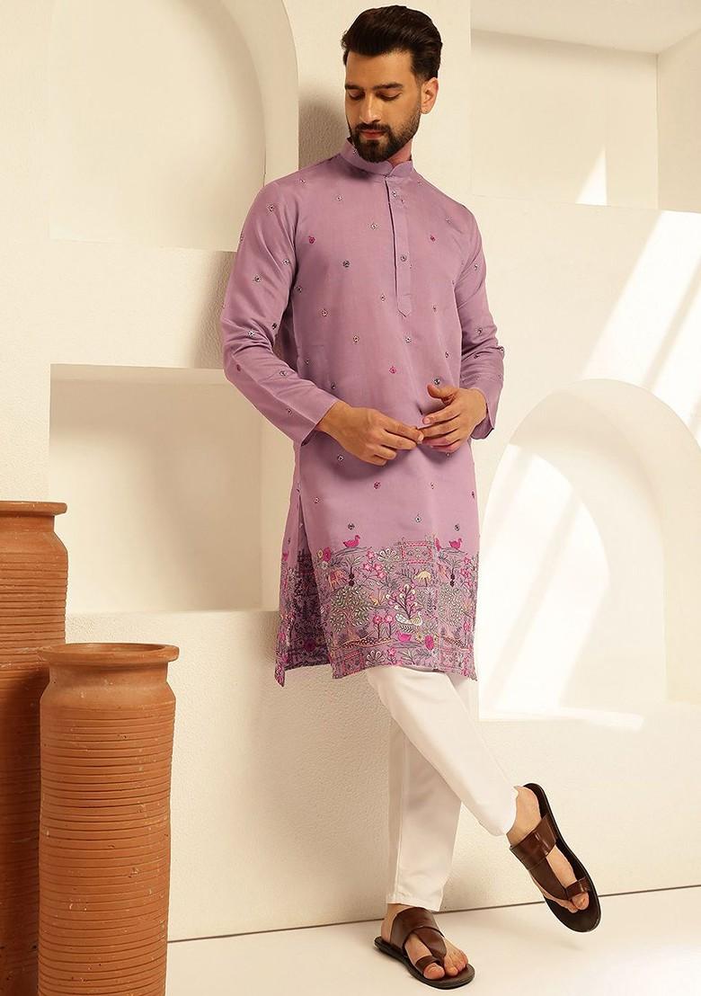 Purple Thread Work Poly Blend Kurta Set For Men