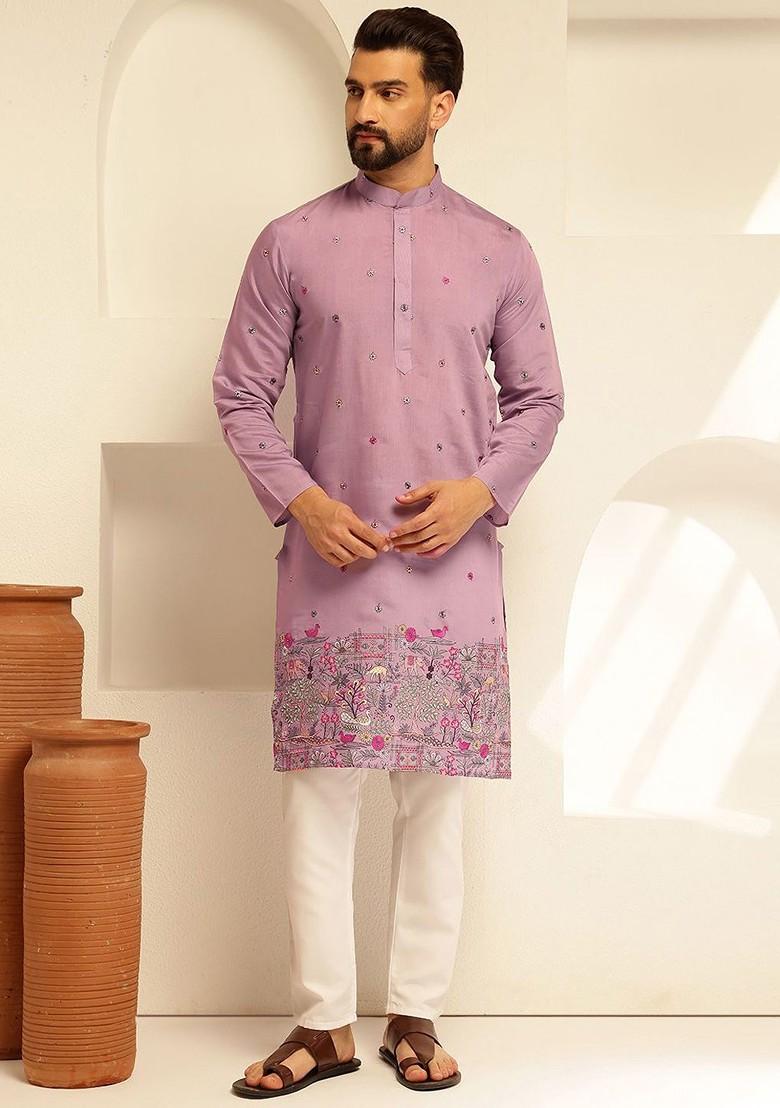 Purple Thread Work Poly Blend Kurta Set For Men