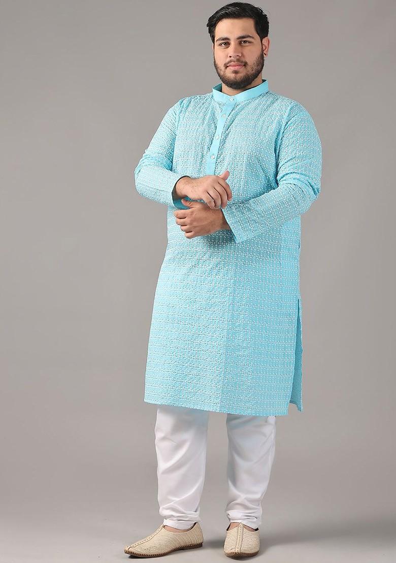 Blue Embroidered Cotton Kurta Set For Men