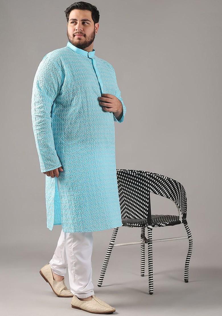 Blue Embroidered Cotton Kurta Set For Men