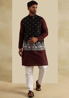 Red Embroidered Poly Blend Kurta Set For Men