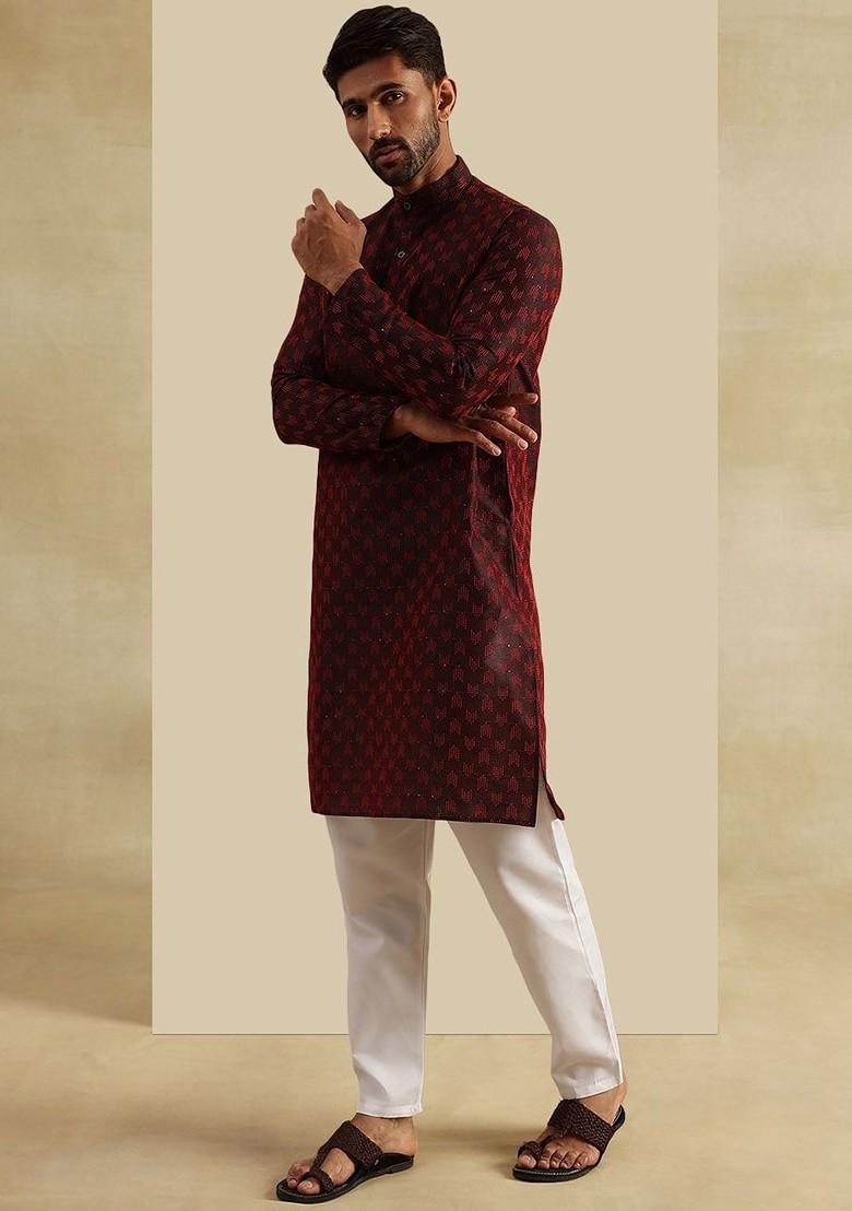Red Embroidered Poly Blend Kurta Set For Men
