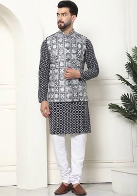 Grey Thread Work Cotton Kurta Set For Men