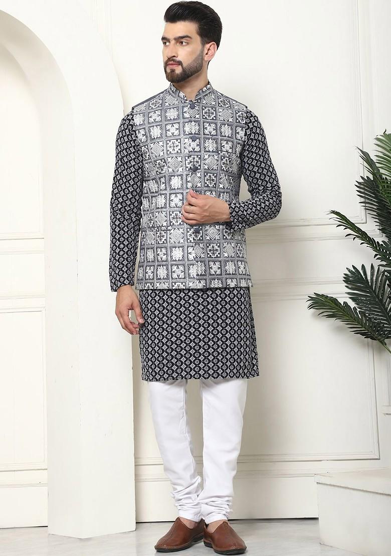 Grey Thread Work Cotton Kurta Set For Men